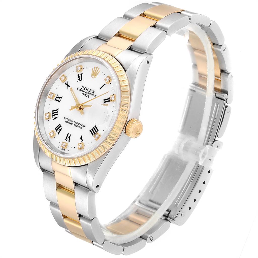 The image shows a Rolex Date 15223 Men's Steel and Gold (two tone) White Dial 15223 Men's Steel and Gold (two tone) White Dial model watch at a three-quarter view, highlighting the dial, bezel, crown, and bracelet.