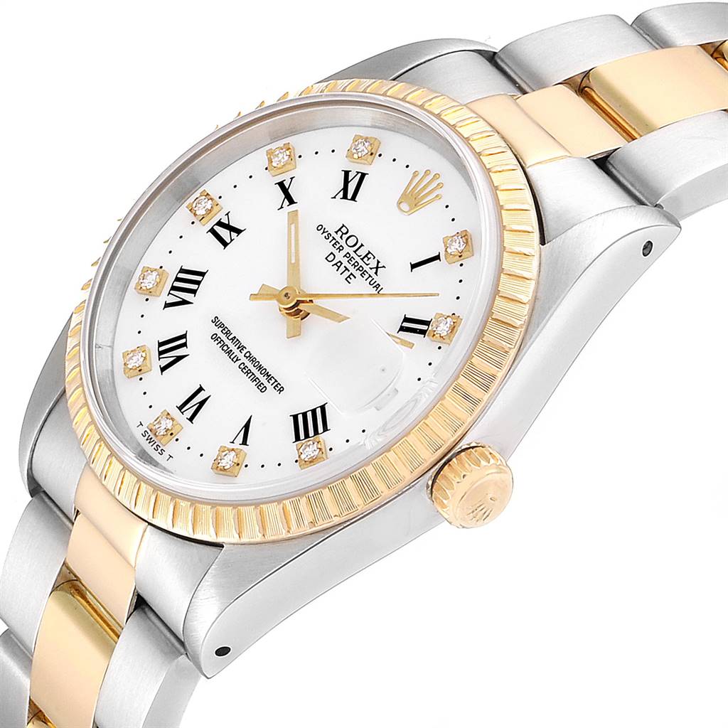 The image shows the Rolex Date 15223 Men's Steel and Gold (two tone) White Dial 15223 Men's Steel and Gold (two tone) White Dial model watch at an angled view highlighting the dial, bezel, crown, and part of the bracelet.