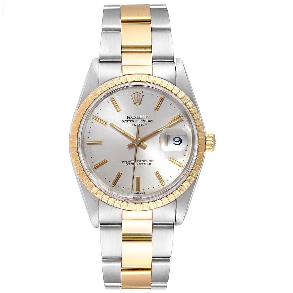 This image shows a frontal view of a Rolex Oyster Perpetual Date watch, highlighting its dial, bezel, and two-tone bracelet.