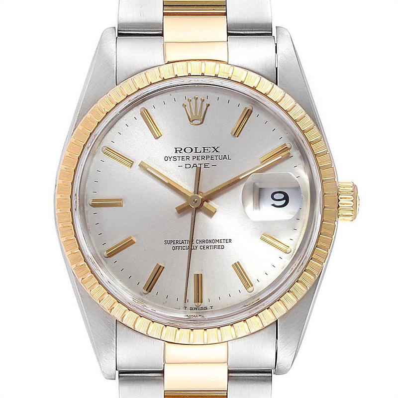 Rolex Date Mens Steel 18k Yellow Gold Silver Dial Mens Watch 15223 SwissWatchExpo