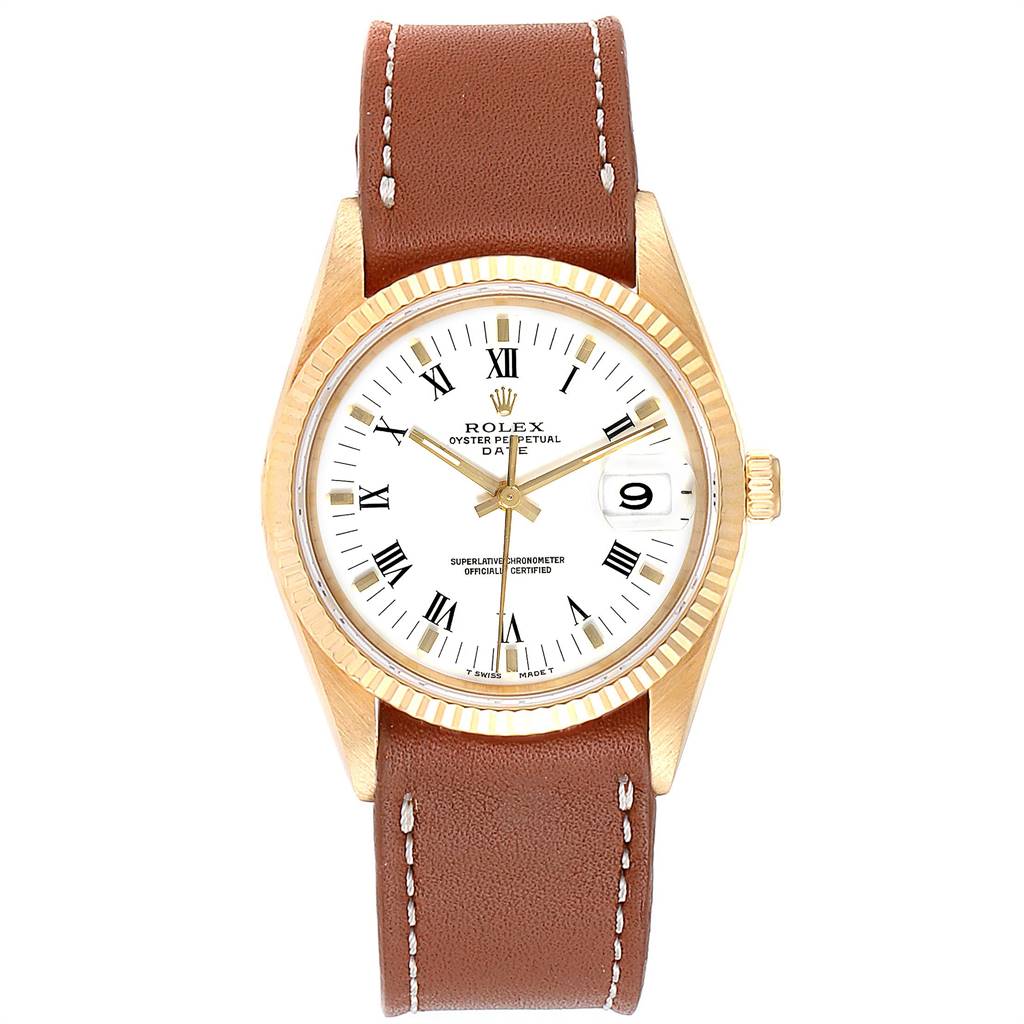 The image shows a Rolex Date 15238 Men's Yellow Gold White Dial 15238 Men's Yellow Gold White Dial model watch from a front angle, highlighting its face, bezel, crown, and leather strap.