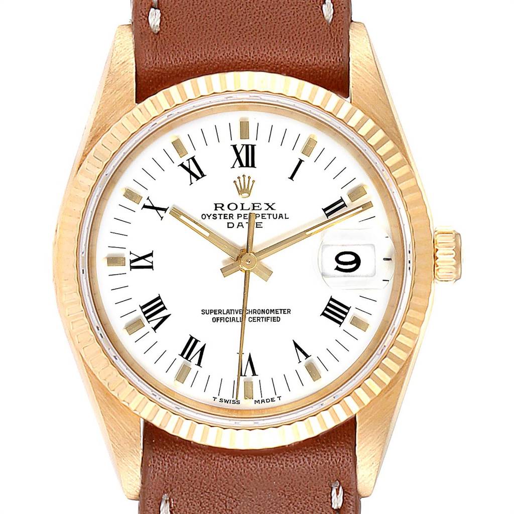 This image shows a Rolex Oyster Perpetual Date watch from a front angle, highlighting the dial, hands, date window, bezel, and strap.