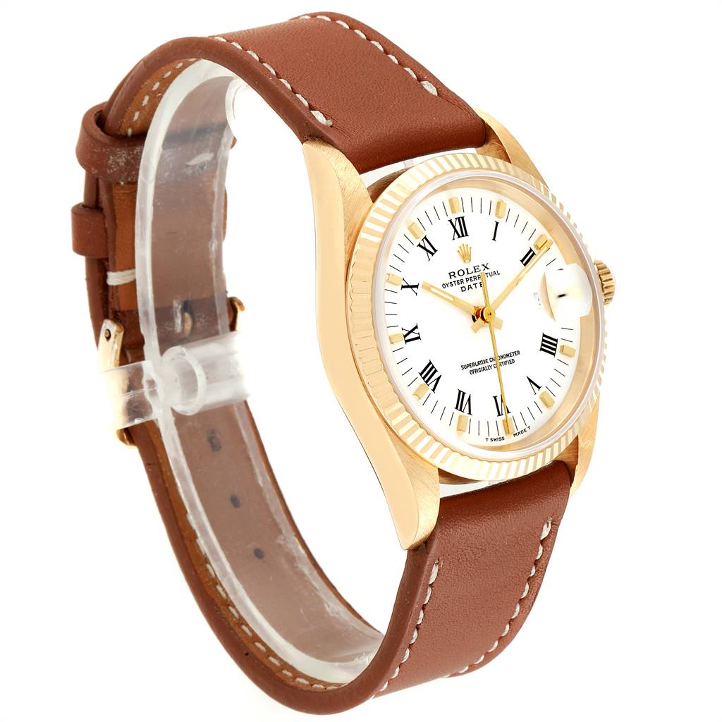 This image shows a Rolex Date 15238 Men's Yellow Gold White Dial 15238 Men's Yellow Gold White Dial model watch at a three-quarter angle, displaying its face, bezel, case, crown, and leather strap.