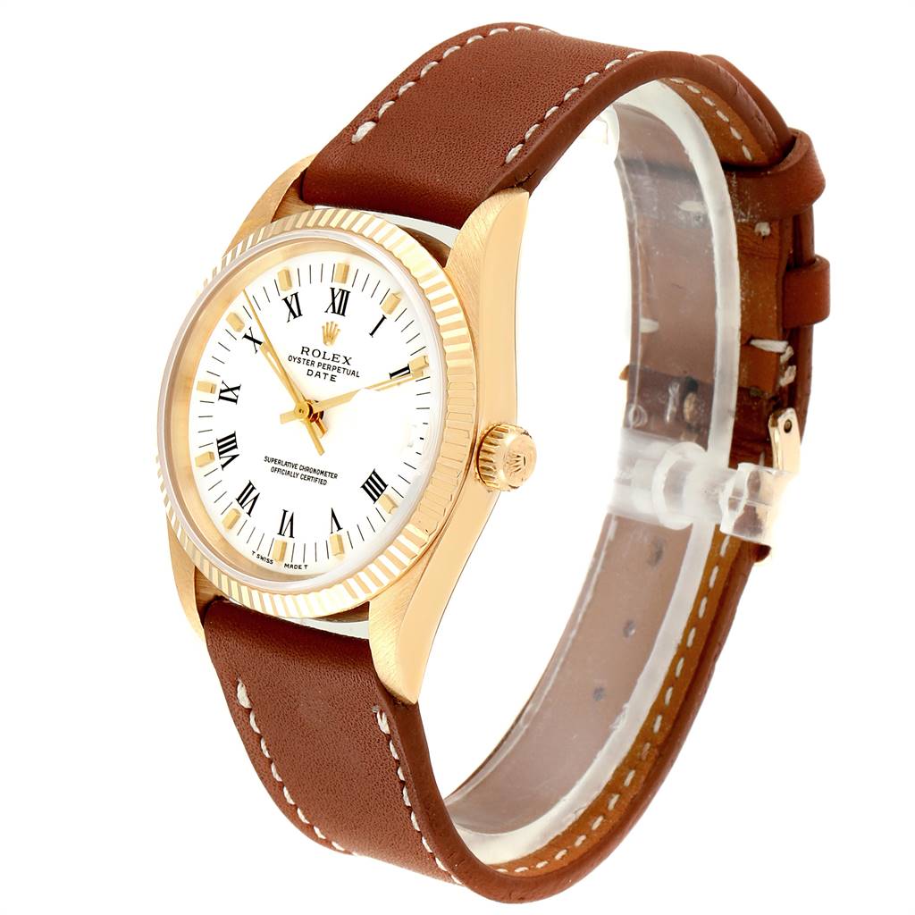 The Rolex Date 15238 Men's Yellow Gold White Dial 15238 Men's Yellow Gold White Dial model watch is shown at an angle revealing the face, bezel, crown, and brown leather strap.