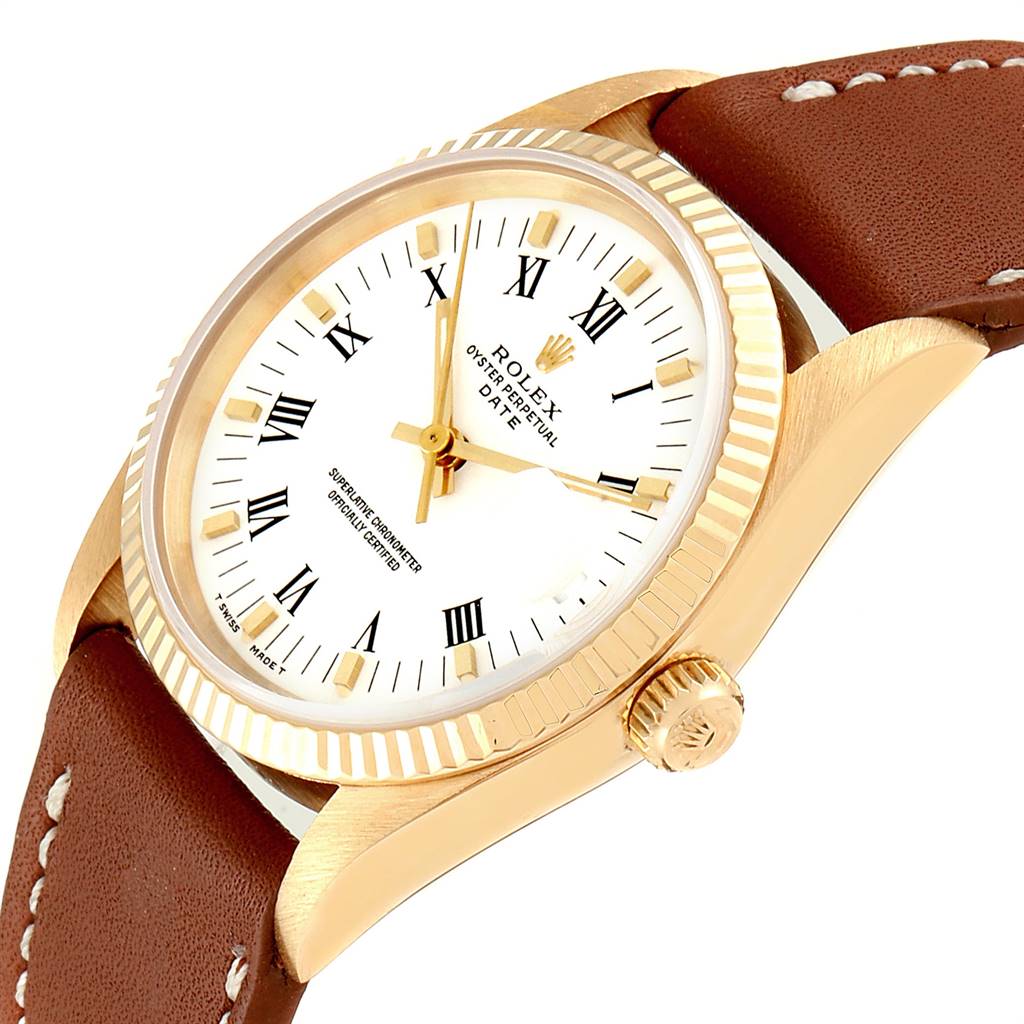 The image shows a close-up angle of a Rolex Oyster Perpetual Date watch, highlighting the dial, bezel, crown, and leather strap.