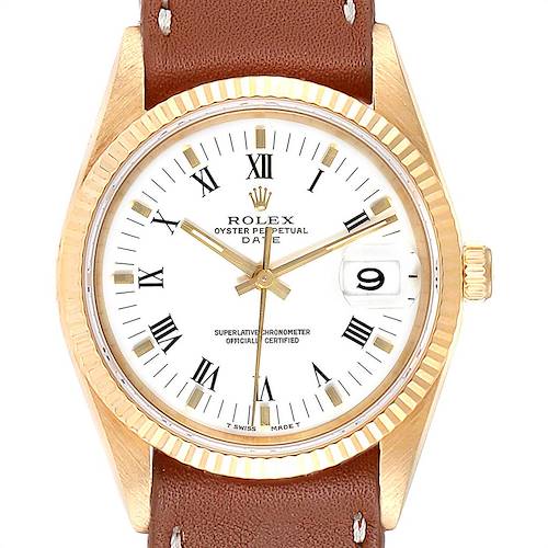 Photo of Rolex Date Yellow Gold White Dial Brown Strap Mens Watch 15238