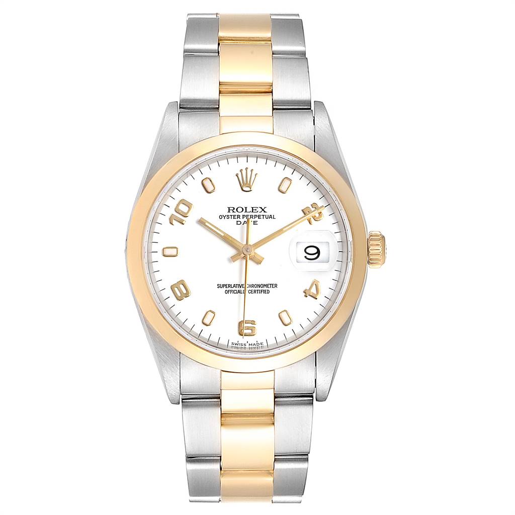 The image shows a front view of a Rolex Date 15203 Men's Steel and Gold (two tone) White Dial 15203 Men's Steel and Gold (two tone) White Dial model watch, highlighting its dial, bezel, and two-tone bracelet.