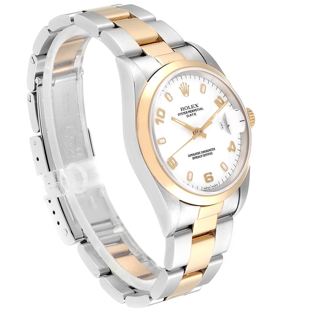 The image shows a side and front angle of a Rolex Date 15203 Men's Steel and Gold (two tone) White Dial 15203 Men's Steel and Gold (two tone) White Dial model watch, highlighting its two-tone bracelet and dial.