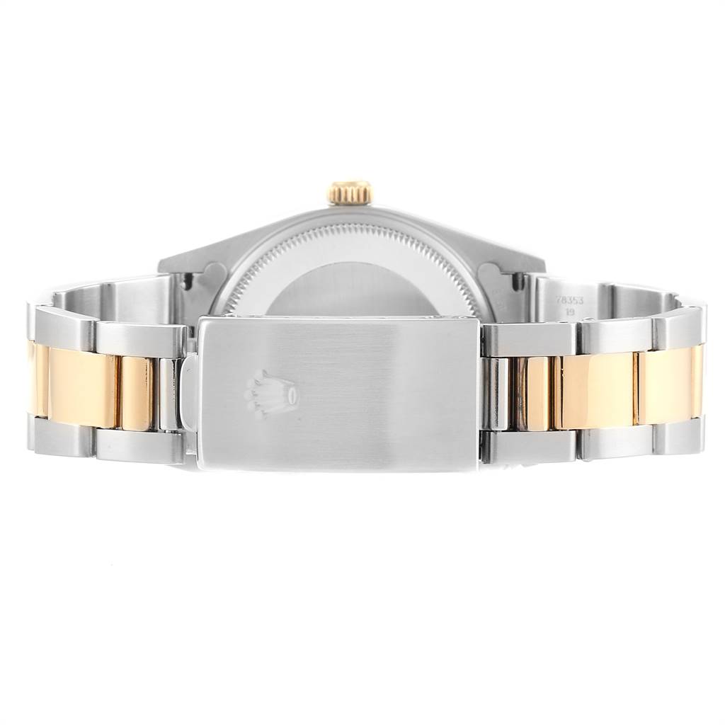 The image shows the back and clasp of a Rolex Date 15203 Men's Steel and Gold (two tone) White Dial 15203 Men's Steel and Gold (two tone) White Dial model watch, highlighting its two-tone metal bracelet.