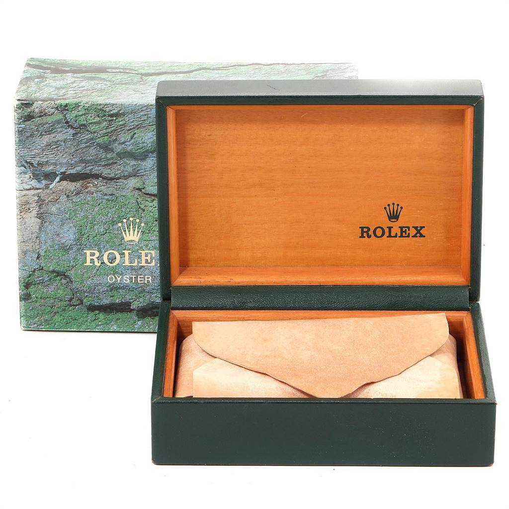 The image shows an open wooden Rolex box with "Rolex" branding, presumably housing a Rolex Date 15203 Men's Steel and Gold (two tone) White Dial 15203 Men's Steel and Gold (two tone) White Dial model watch inside a protective pouch.