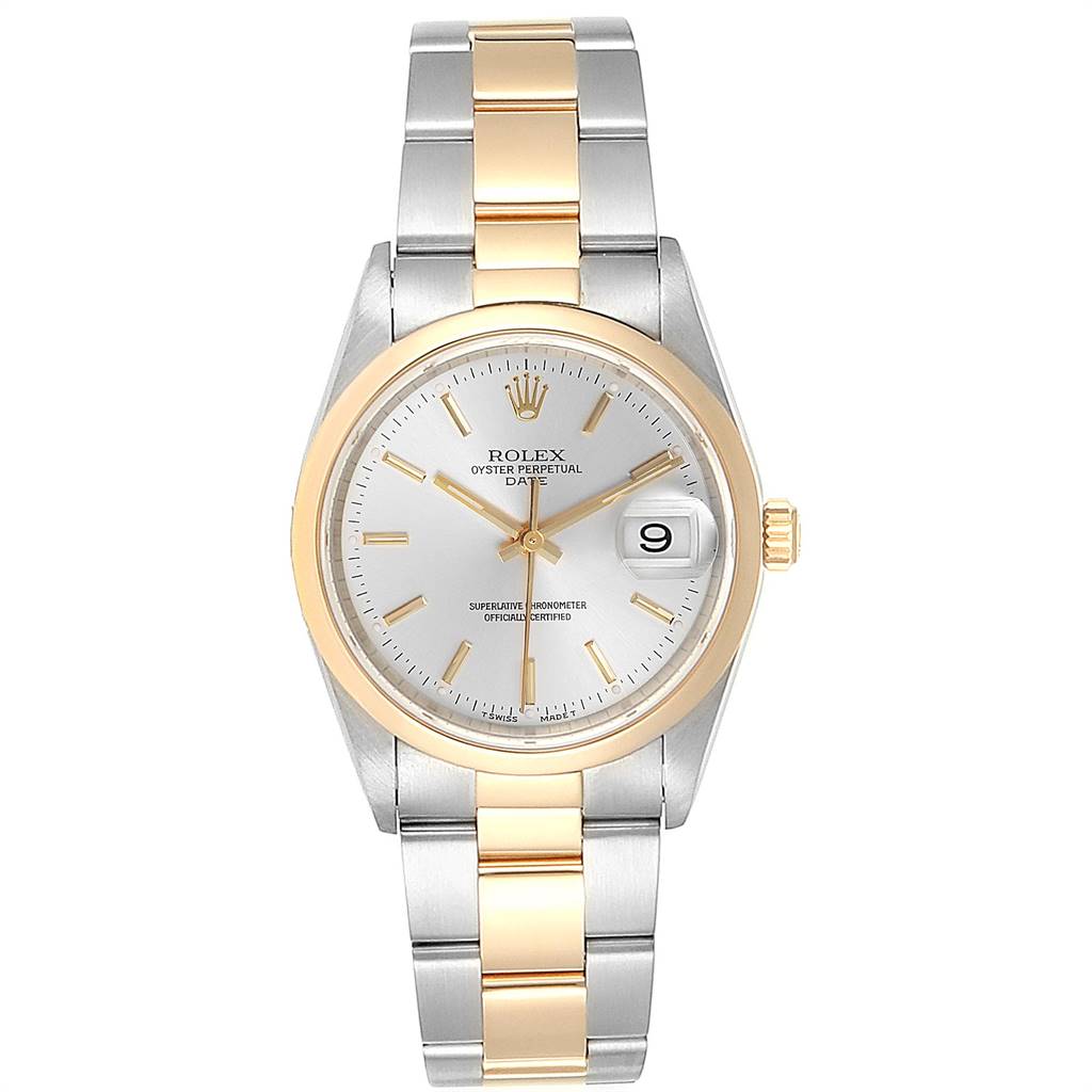 The image displays a front view of the Rolex Oyster Perpetual Date watch, showcasing its two-tone metal bracelet and date window at 3 o'clock.