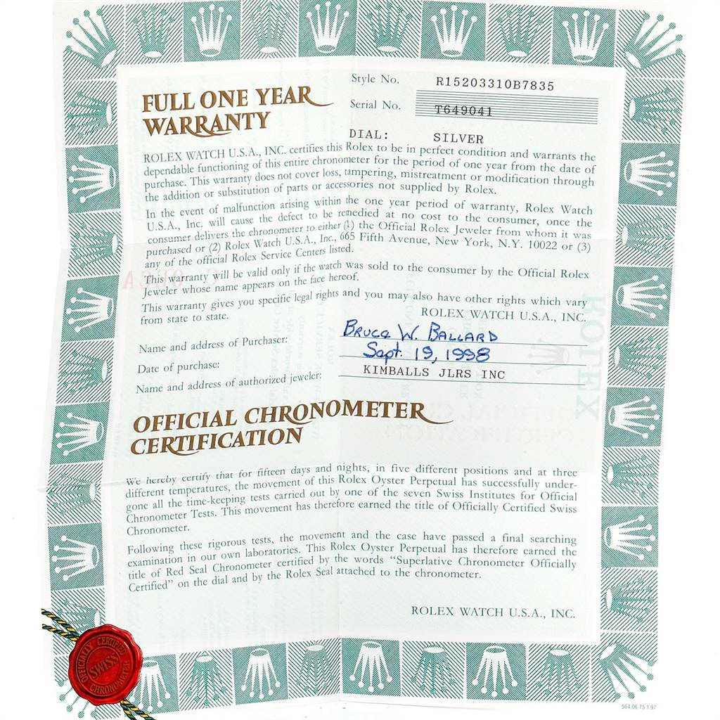 This image shows a warranty and certification card for a Rolex Date 15203 Men's Steel and Gold (two tone) Silver Dial 15203 Men's Steel and Gold (two tone) Silver Dial model watch.