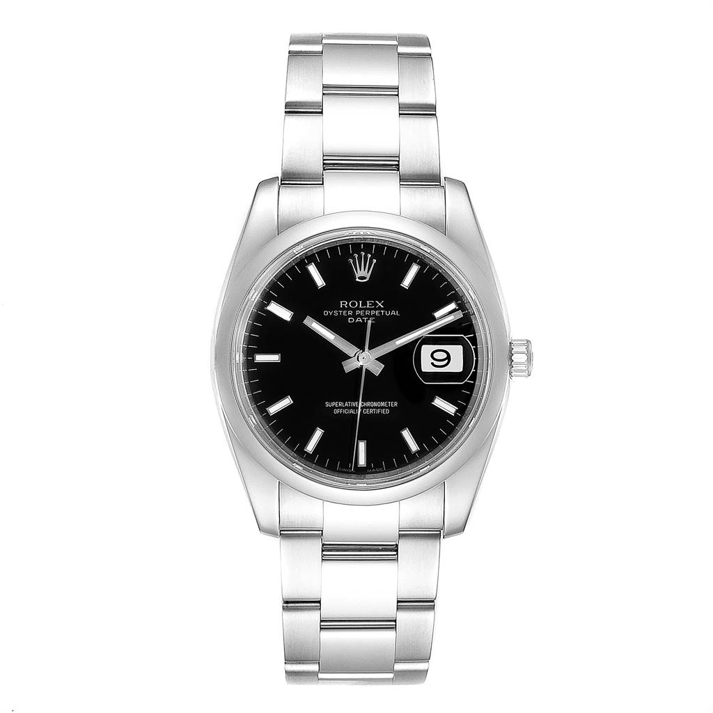 The image shows a front view of the Rolex Date 115200 Men's Stainless Steel Black Dial 115200 Men's Stainless Steel Black Dial model watch, displaying the face, bracelet, and date function.