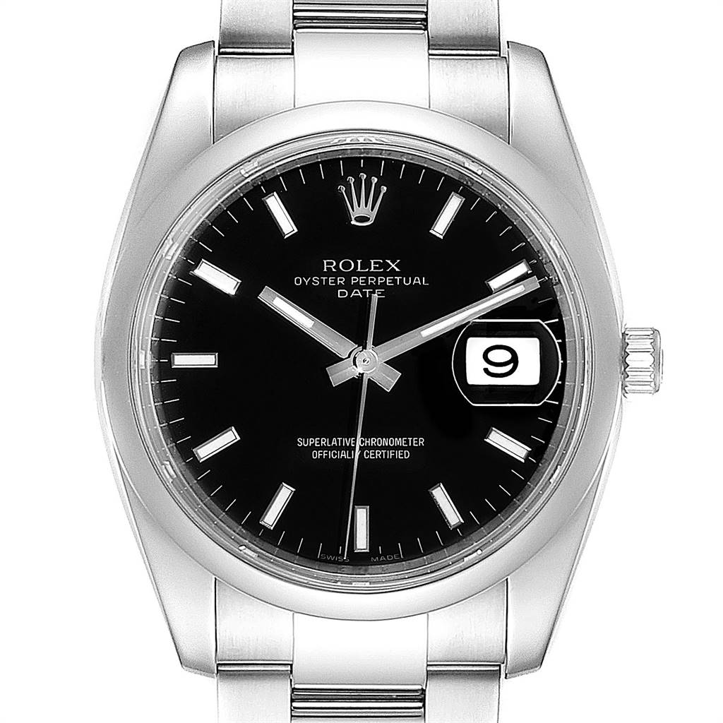 The image shows a frontal view of the Rolex Date 115200 Men's Stainless Steel Black Dial 115200 Men's Stainless Steel Black Dial model watch, highlighting the dial, bezel, and part of the bracelet.
