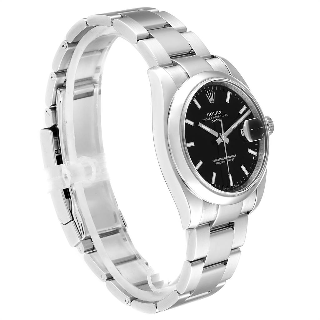 The image shows a Rolex Date 115200 Men's Stainless Steel Black Dial 115200 Men's Stainless Steel Black Dial model watch from an angle displaying the dial, bezel, case, bracelet, and clasp.