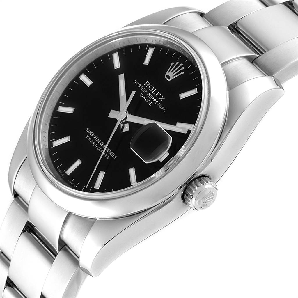 The image shows a close-up angled view of a Rolex Oyster Perpetual Date watch, highlighting the dial, crown, and part of the bracelet.