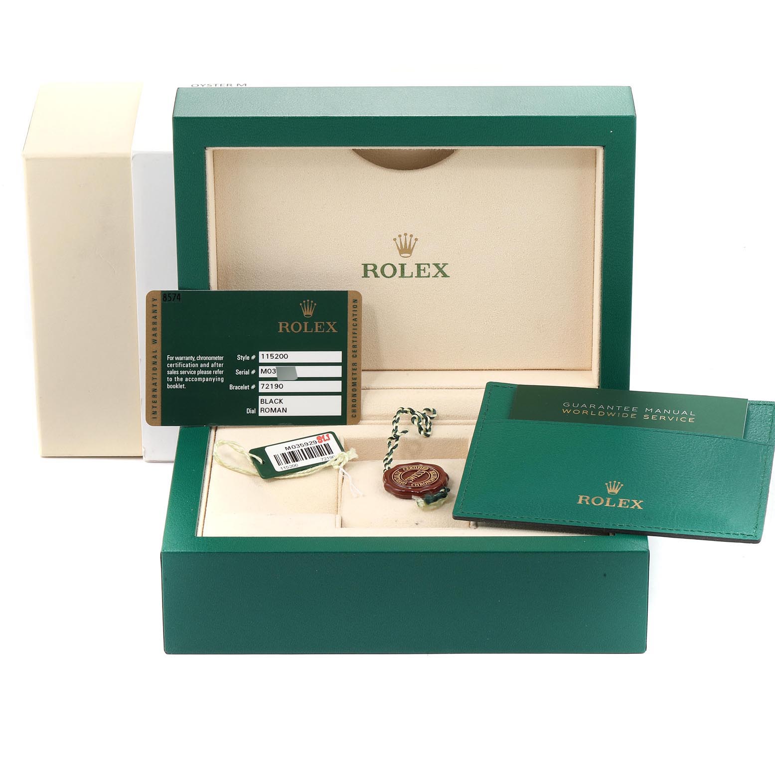 The image shows a Rolex Date 115200 Men's Stainless Steel Black Dial 115200 Men's Stainless Steel Black Dial model watch box, guarantee manual, tags, and authenticity card.