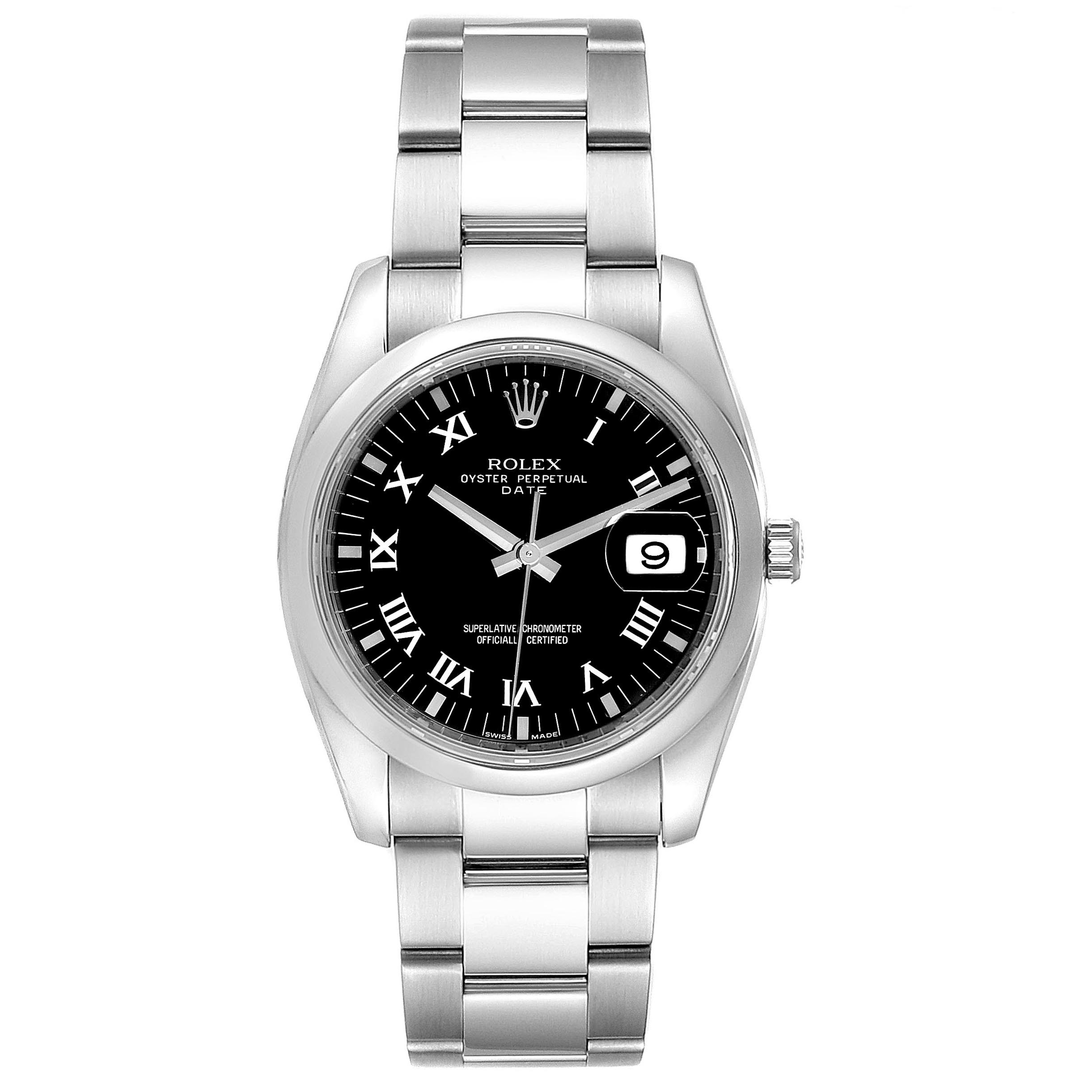 The image shows a front view of a Rolex Date 115200 Men's Stainless Steel Black Dial 115200 Men's Stainless Steel Black Dial model watch, highlighting the dial, bezel, and metal bracelet.