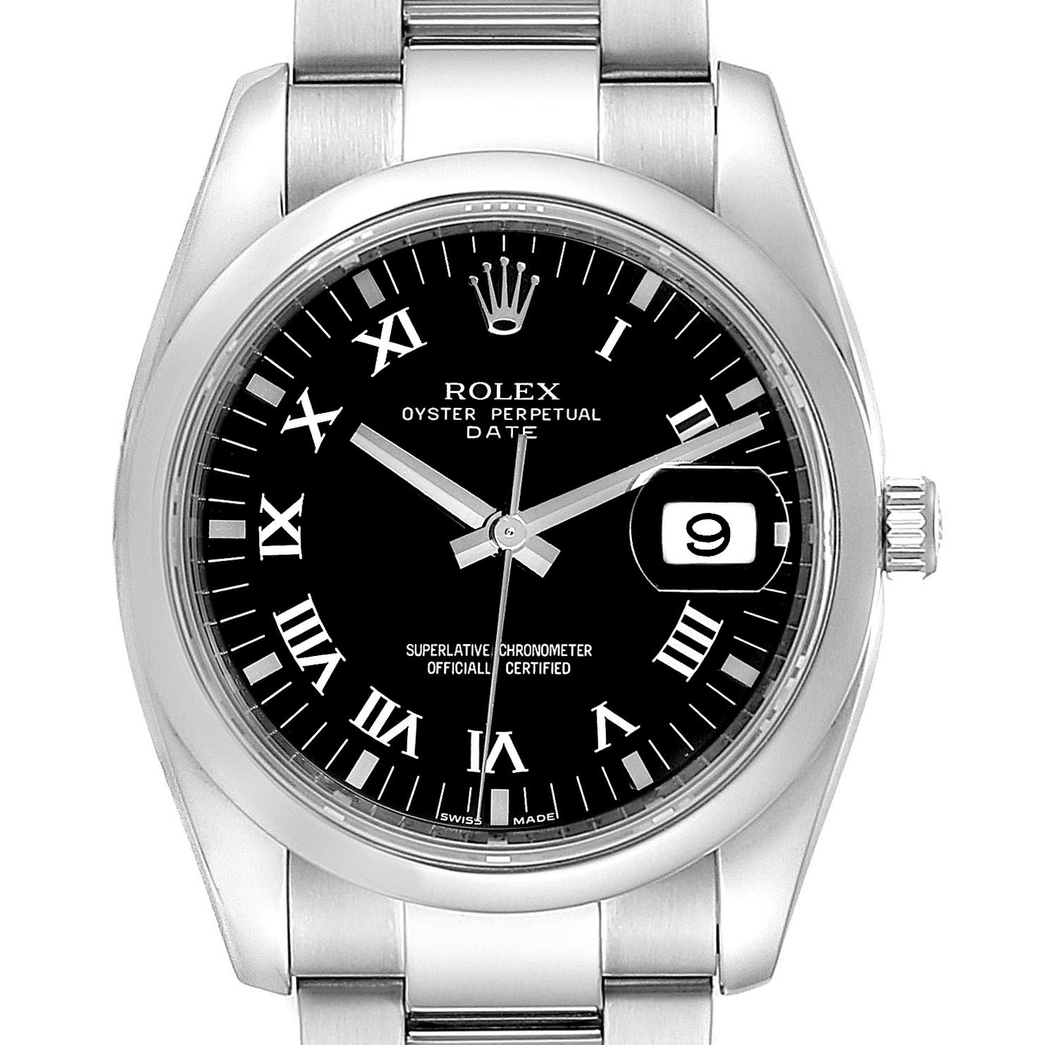 This image shows a front view of a Rolex Oyster Perpetual Date watch, featuring its black dial with Roman numerals and date window.