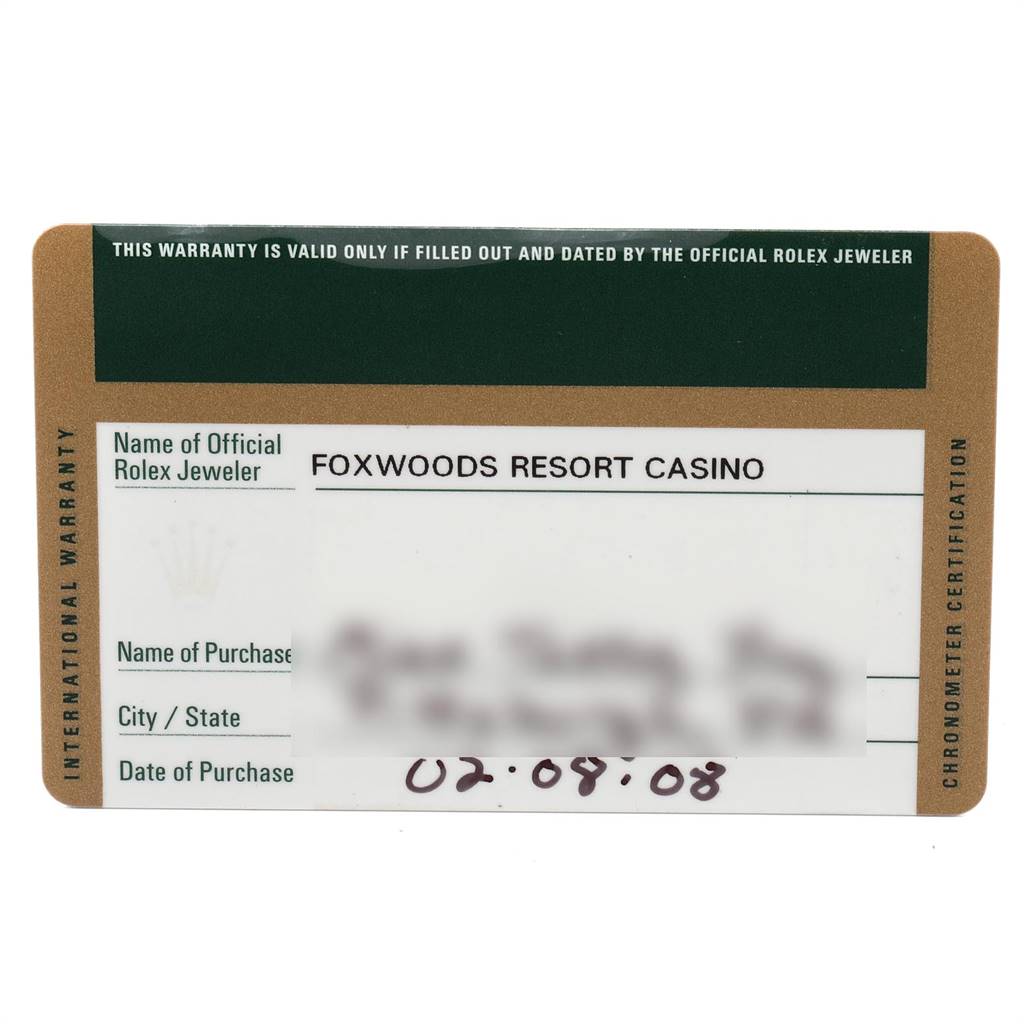 This image shows the international warranty card for a Rolex Date 115200 Men's Stainless Steel Black Dial 115200 Men's Stainless Steel Black Dial model watch.