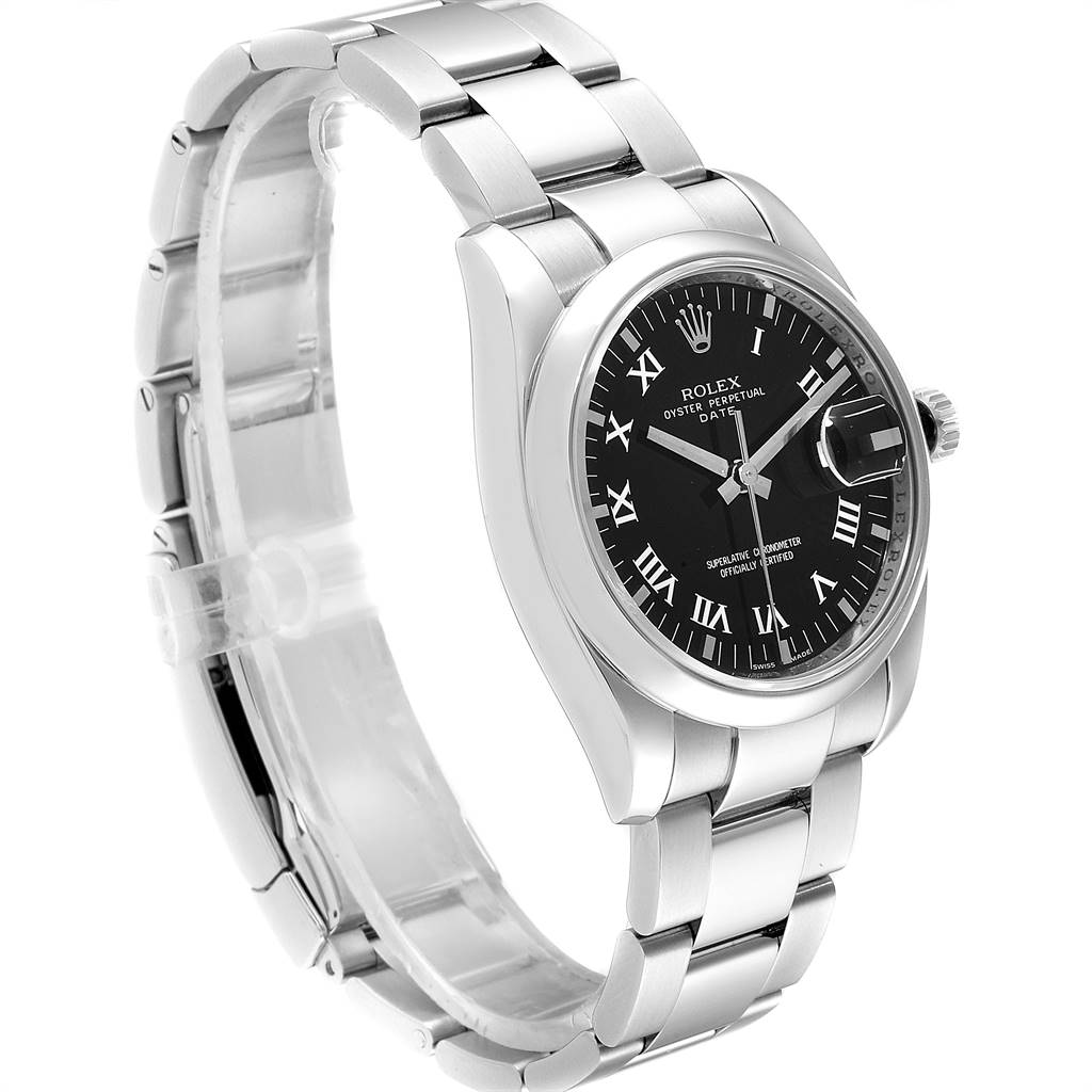 This image shows a Rolex Date 115200 Men's Stainless Steel Black Dial 115200 Men's Stainless Steel Black Dial model watch from an angled perspective, highlighting the face, bezel, and bracelet.