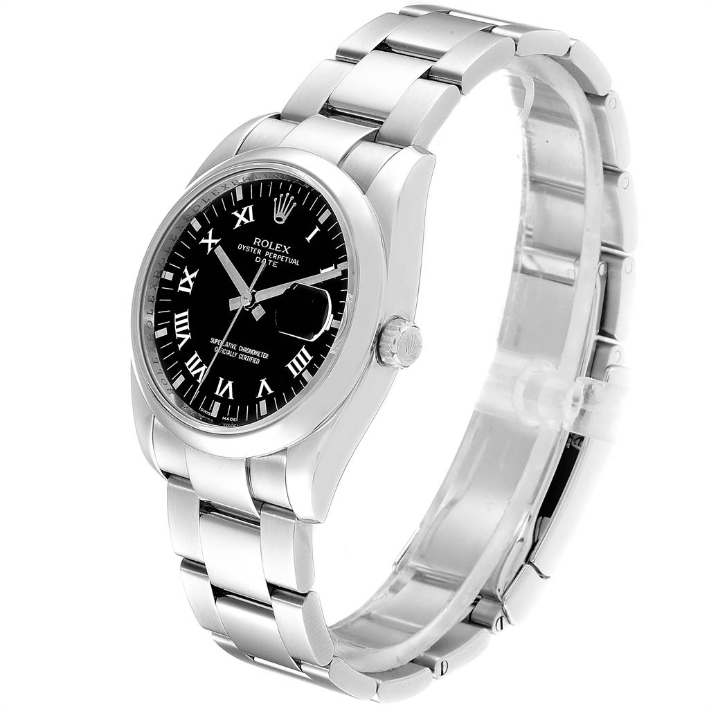 The image shows a side angle view of a Rolex Date 115200 Men's Stainless Steel Black Dial 115200 Men's Stainless Steel Black Dial model watch, highlighting its black dial, bracelet, and crown.