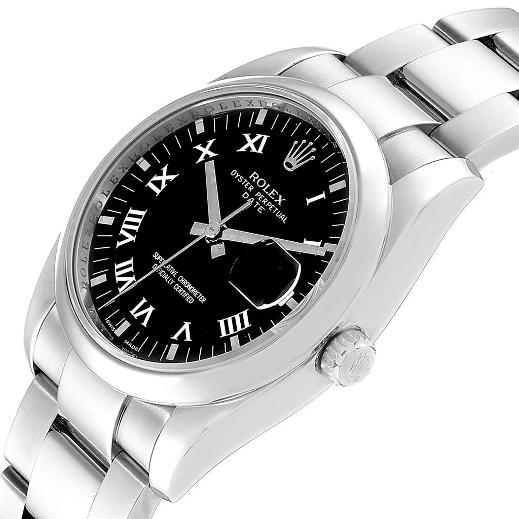 This Rolex Date 115200 Men's Stainless Steel Black Dial 115200 Men's Stainless Steel Black Dial model watch is shown at a slight angle, displaying its black dial, silver bracelet, and side crown.