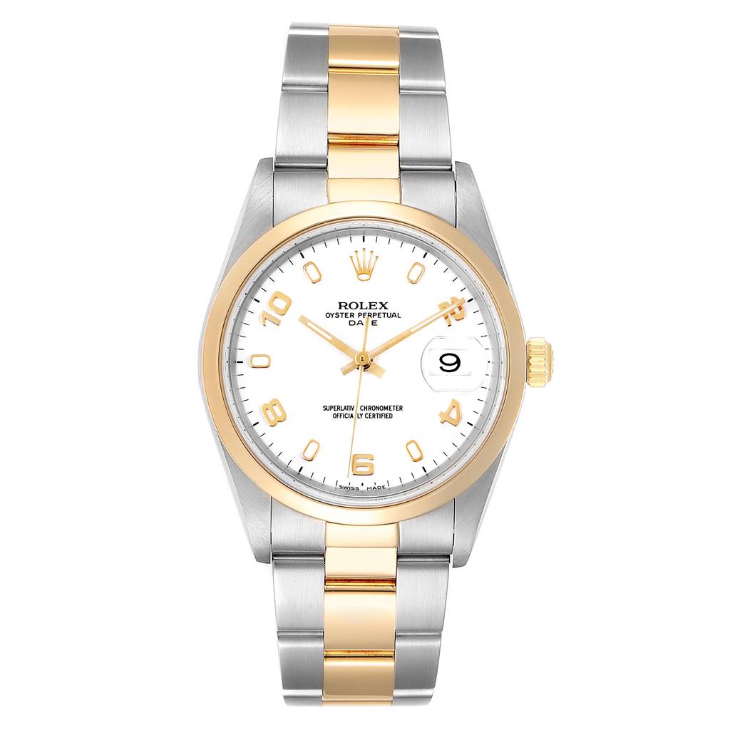 This is a front view of a Rolex Date 15203 Men's Steel and Gold (two tone) White Dial 15203 Men's Steel and Gold (two tone) White Dial model watch showing the face, bezel, and bracelet.