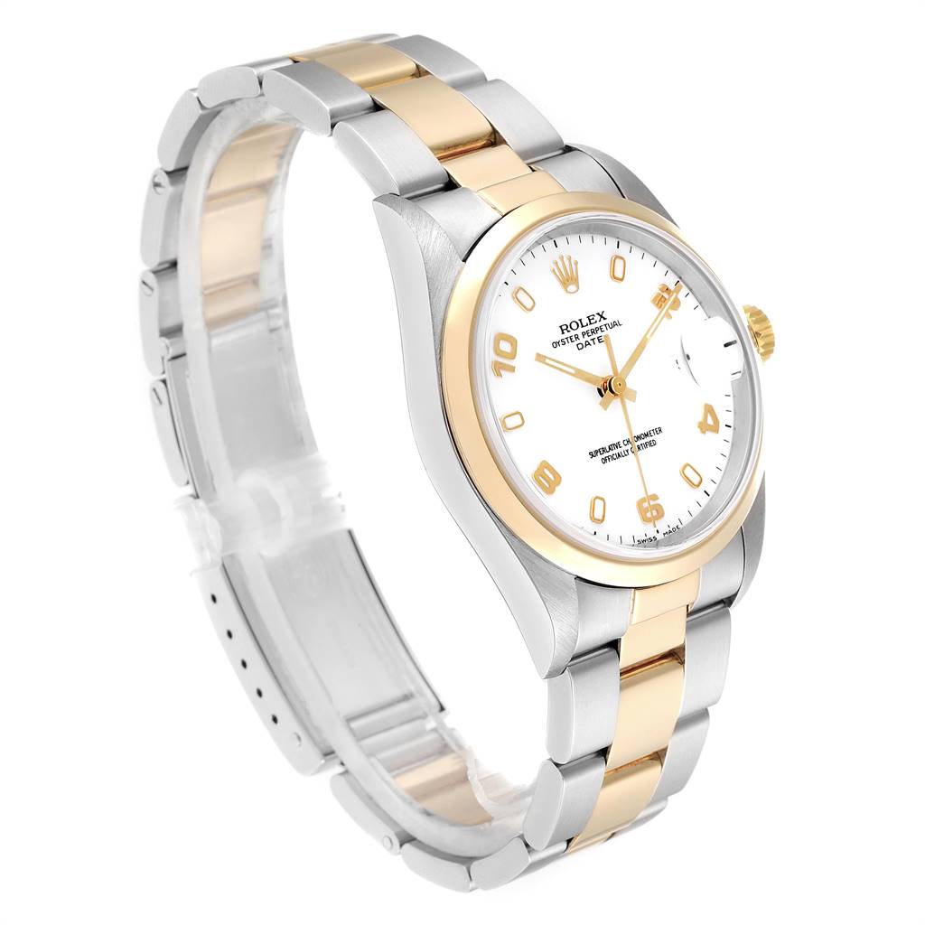 This image shows a side angle view of the Rolex Date 15203 Men's Steel and Gold (two tone) White Dial 15203 Men's Steel and Gold (two tone) White Dial model watch, highlighting its two-tone bracelet and white dial.