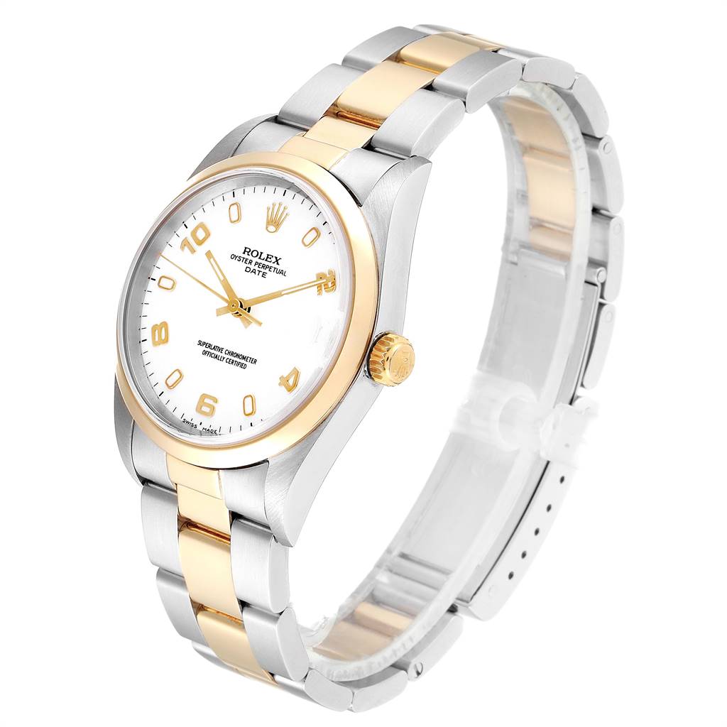 The image shows a side angle of a Rolex Date 15203 Men's Steel and Gold (two tone) White Dial 15203 Men's Steel and Gold (two tone) White Dial model watch, featuring a two-tone stainless steel and gold bracelet.