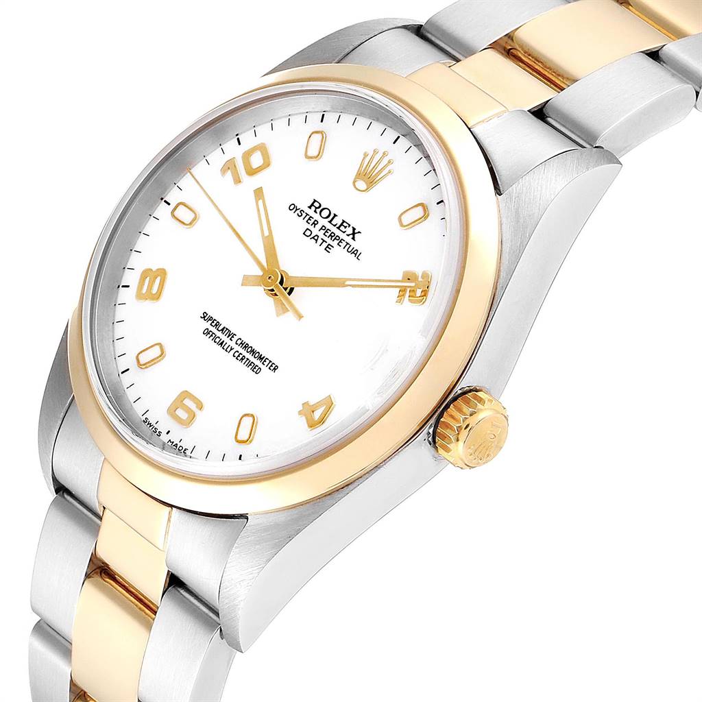 This image shows a Rolex Date 15203 Men's Steel and Gold (two tone) White Dial 15203 Men's Steel and Gold (two tone) White Dial model watch from an angled view, highlighting the face, crown, and two-tone bracelet.