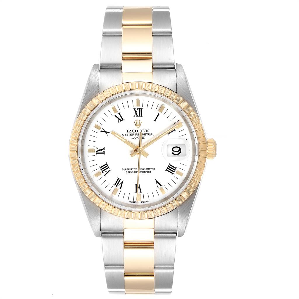 The Rolex Date 15223 Men's Steel and Gold (two tone) White Dial 15223 Men's Steel and Gold (two tone) White Dial watch is shown from a front angle, displaying its dial, bezel, and bracelet.