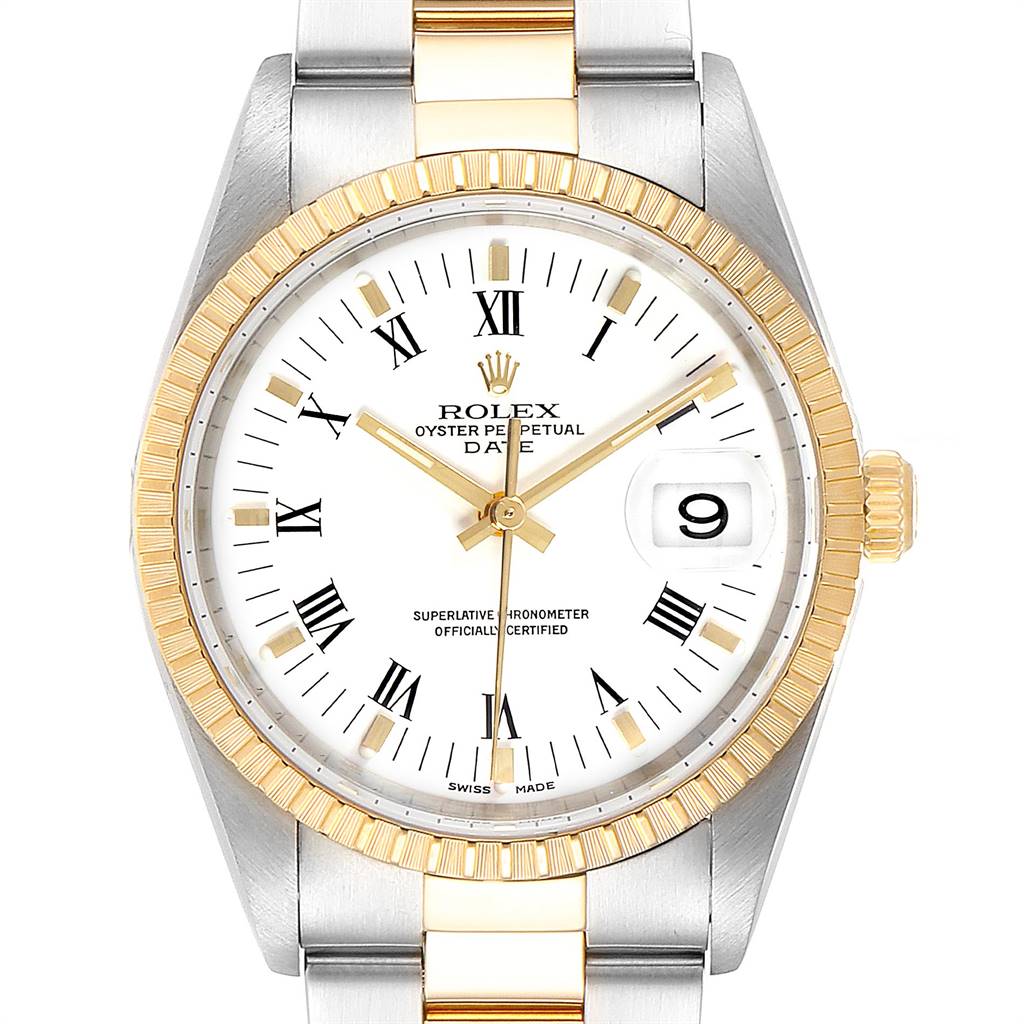 The image shows a front view of a Rolex Date 15223 Men's Steel and Gold (two tone) White Dial 15223 Men's Steel and Gold (two tone) White Dial model watch, highlighting the dial, bezel, and part of the bracelet.