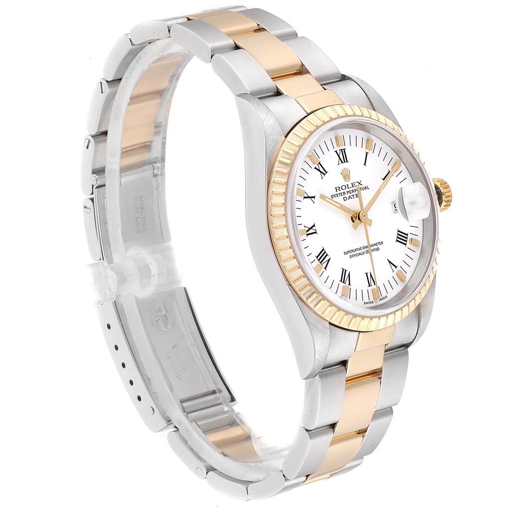 The image shows a side and partial front view of the Rolex Date 15223 Men's Steel and Gold (two tone) White Dial 15223 Men's Steel and Gold (two tone) White Dial model watch, highlighting the dial, bracelet, and clasp.