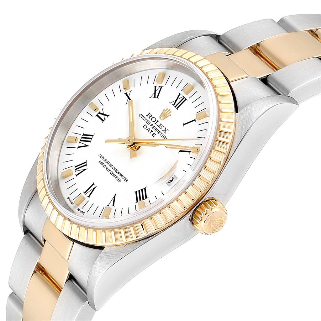 The image displays a close-up, side angle of a Rolex Date 15223 Men's Steel and Gold (two tone) White Dial 15223 Men's Steel and Gold (two tone) White Dial model watch, showcasing the dial, bezel, crown, and part of the bracelet.