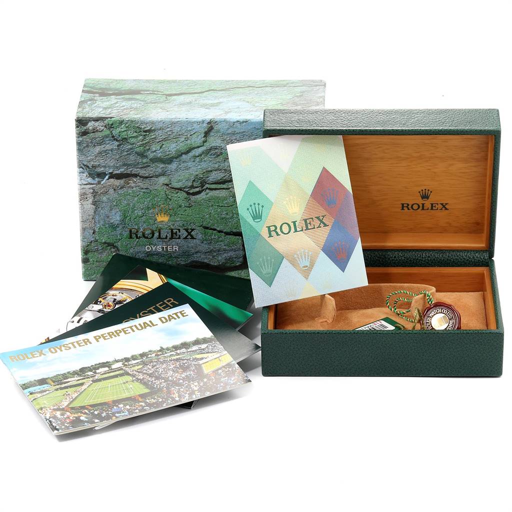 The image shows the open box and packaging of a Rolex Date 15223 Men's Steel and Gold (two tone) White Dial 15223 Men's Steel and Gold (two tone) White Dial model watch, along with brochures and tags.