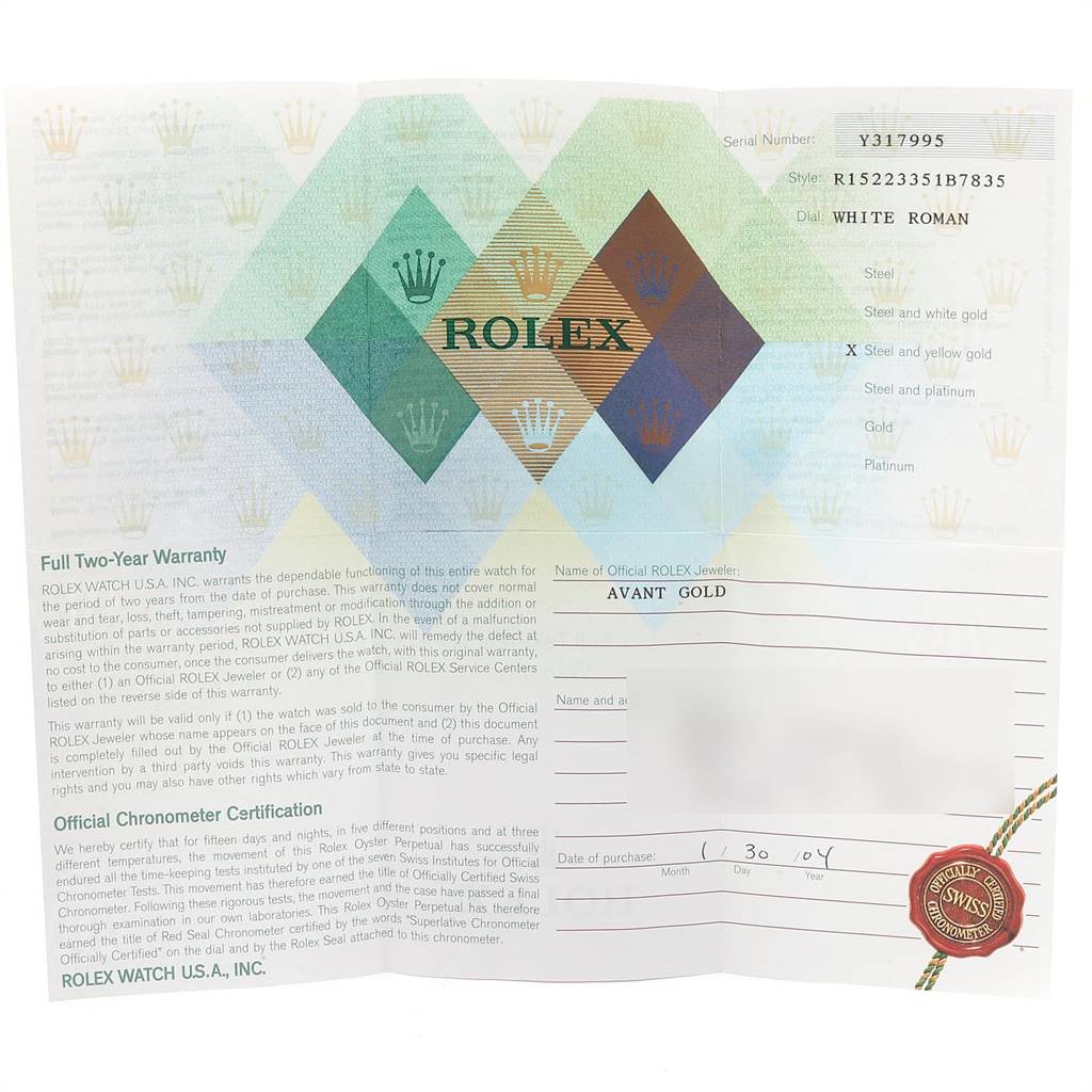 The image shows the warranty and certification document for the Rolex Date 15223 Men's Steel and Gold (two tone) White Dial 15223 Men's Steel and Gold (two tone) White Dial model watch.