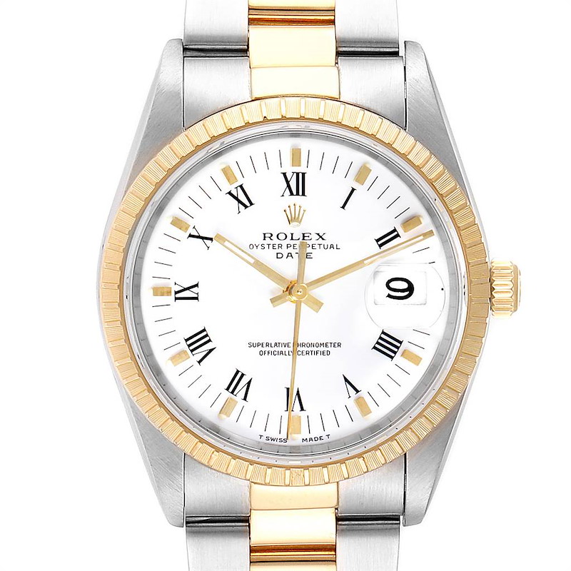 Rolex Date Steel Yellow Gold White Dial Oyster Bracelet Mens Watch 15223 SwissWatchExpo