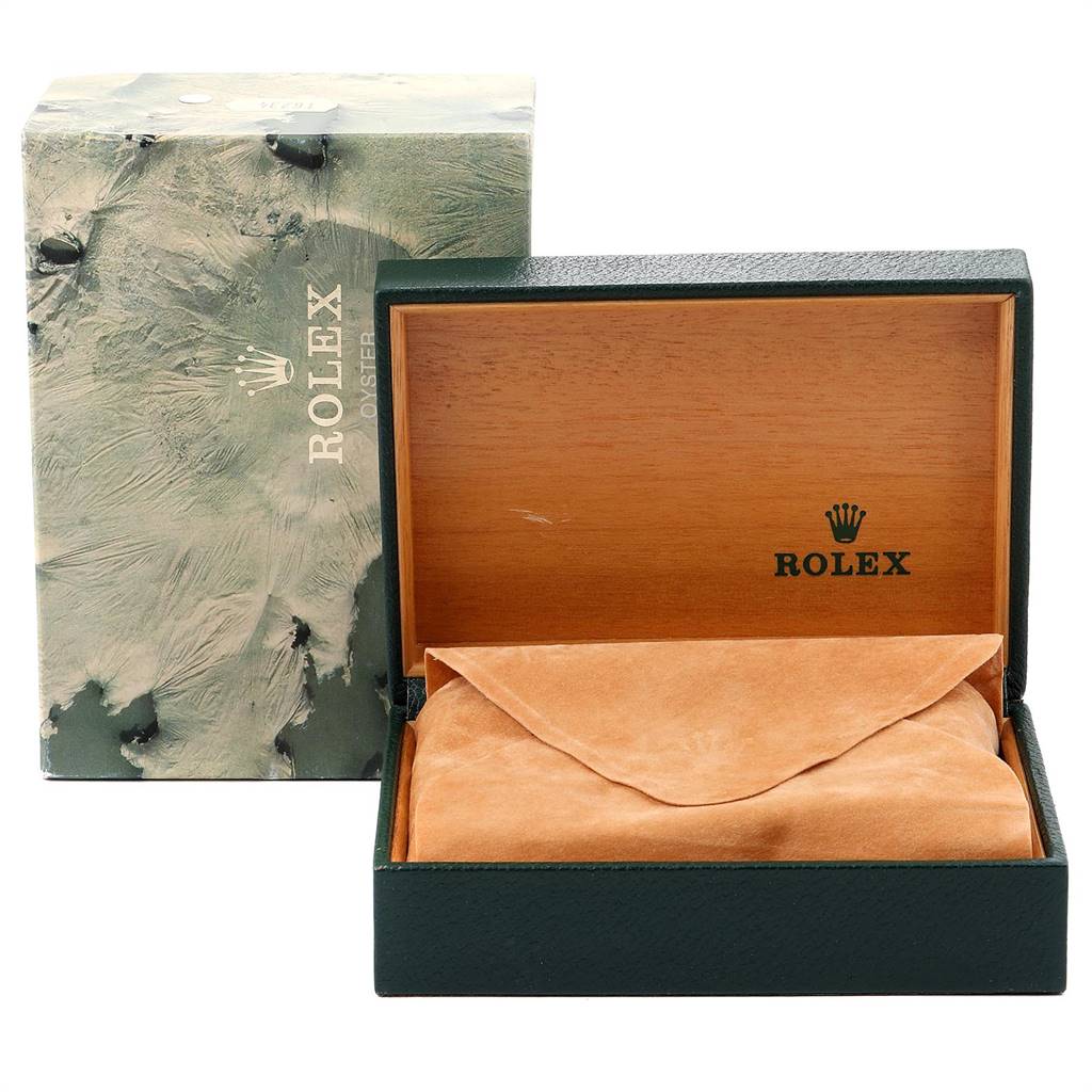 The image shows a Rolex Date 15223 Men's Steel and Gold (two tone) White Dial 15223 Men's Steel and Gold (two tone) White Dial model watch box and an enclosed suede pouch, taken from the front angle.