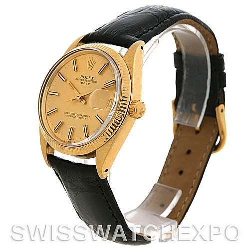 The image shows a Rolex Date 1503 Men
s Yellow Gold Champagne Dial 1503 Men
s Yellow Gold Champagne Dial watch at a three-quarter angle, highlighting its gold case, dial, and black leather strap.