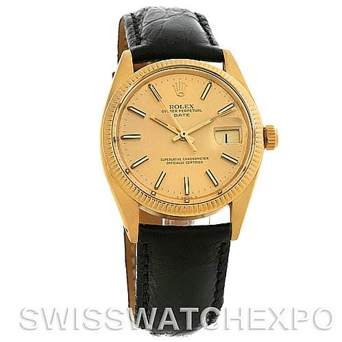 The image shows a front view of the Rolex Date 1503 Men
s Yellow Gold Champagne Dial 1503 Men
s Yellow Gold Champagne Dial model watch, highlighting its gold dial, crown, and black leather strap.