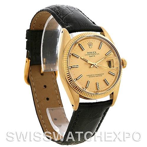 The image shows a side-front view of the Rolex Date 1503 Men
s Yellow Gold Champagne Dial 1503 Men
s Yellow Gold Champagne Dial model, highlighting the face, bezel, and leather strap.