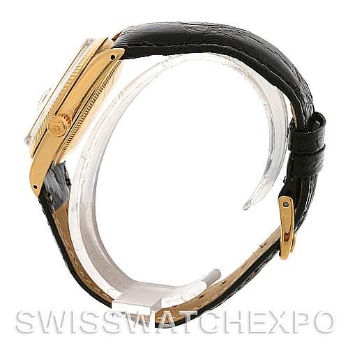 The image shows a side view of a Rolex Date 1503 Men
s Yellow Gold Champagne Dial 1503 Men
s Yellow Gold Champagne Dial model watch featuring the case side and strap.