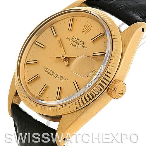 This image shows a close-up angle of a Rolex Date 1503 Men
s Yellow Gold Champagne Dial 1503 Men
s Yellow Gold Champagne Dial model, highlighting the dial, bezel, crown, and part of the leather strap.