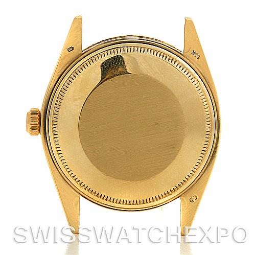 This image shows the back case and lugs of a Rolex Date 1503 Men
s Yellow Gold Champagne Dial 1503 Men
s Yellow Gold Champagne Dial model watch from a straight-on angle.