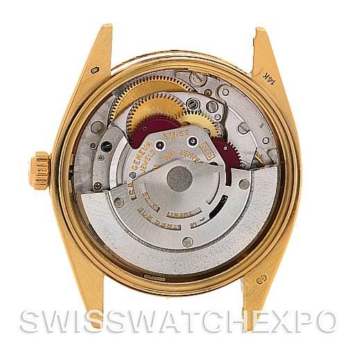 This image shows the movement and internal mechanism of a Rolex Date 1503 Men
s Yellow Gold Champagne Dial 1503 Men
s Yellow Gold Champagne Dial model watch, viewed from the back without the case back.