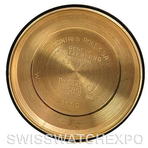 This image shows the inside case back of a Rolex Date 1503 Men
s Yellow Gold Champagne Dial 1503 Men
s Yellow Gold Champagne Dial model watch, engraved with brand information and hallmarks.