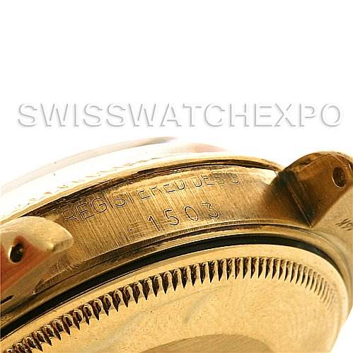 This image shows an angled close-up of the side of a Rolex Date 1503 Men
s Yellow Gold Champagne Dial 1503 Men
s Yellow Gold Champagne Dial model watch case, highlighting the engraved model number "1503".