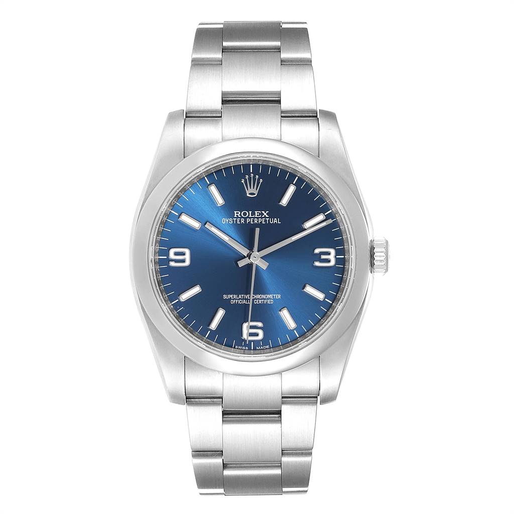The image shows a front view of the Rolex Date 116000 Men's Stainless Steel Blue Dial 116000 Men's Stainless Steel Blue Dial model watch, highlighting its blue dial and stainless steel bracelet.
