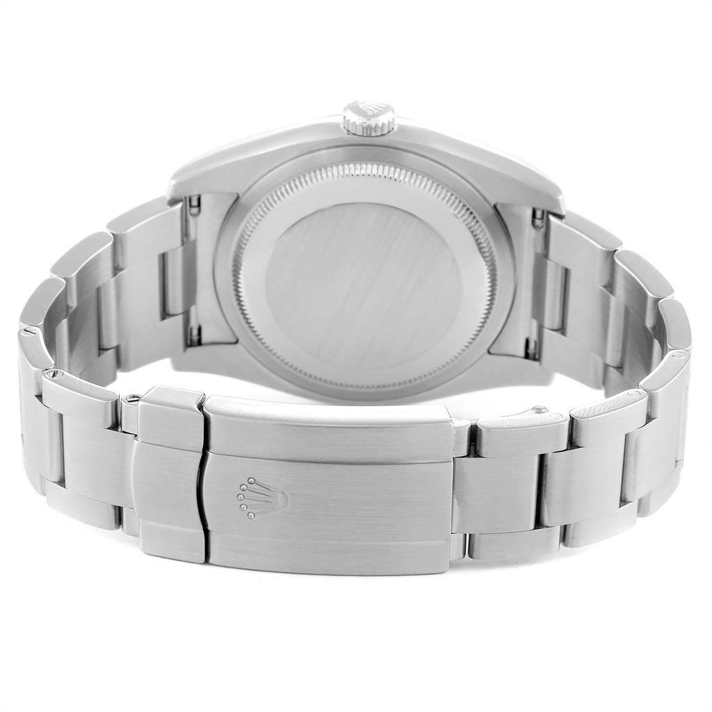 This image shows the back view of the Rolex Date 116000 Men's Stainless Steel Blue Dial 116000 Men's Stainless Steel Blue Dial model watch, highlighting the case back, crown, and clasp.